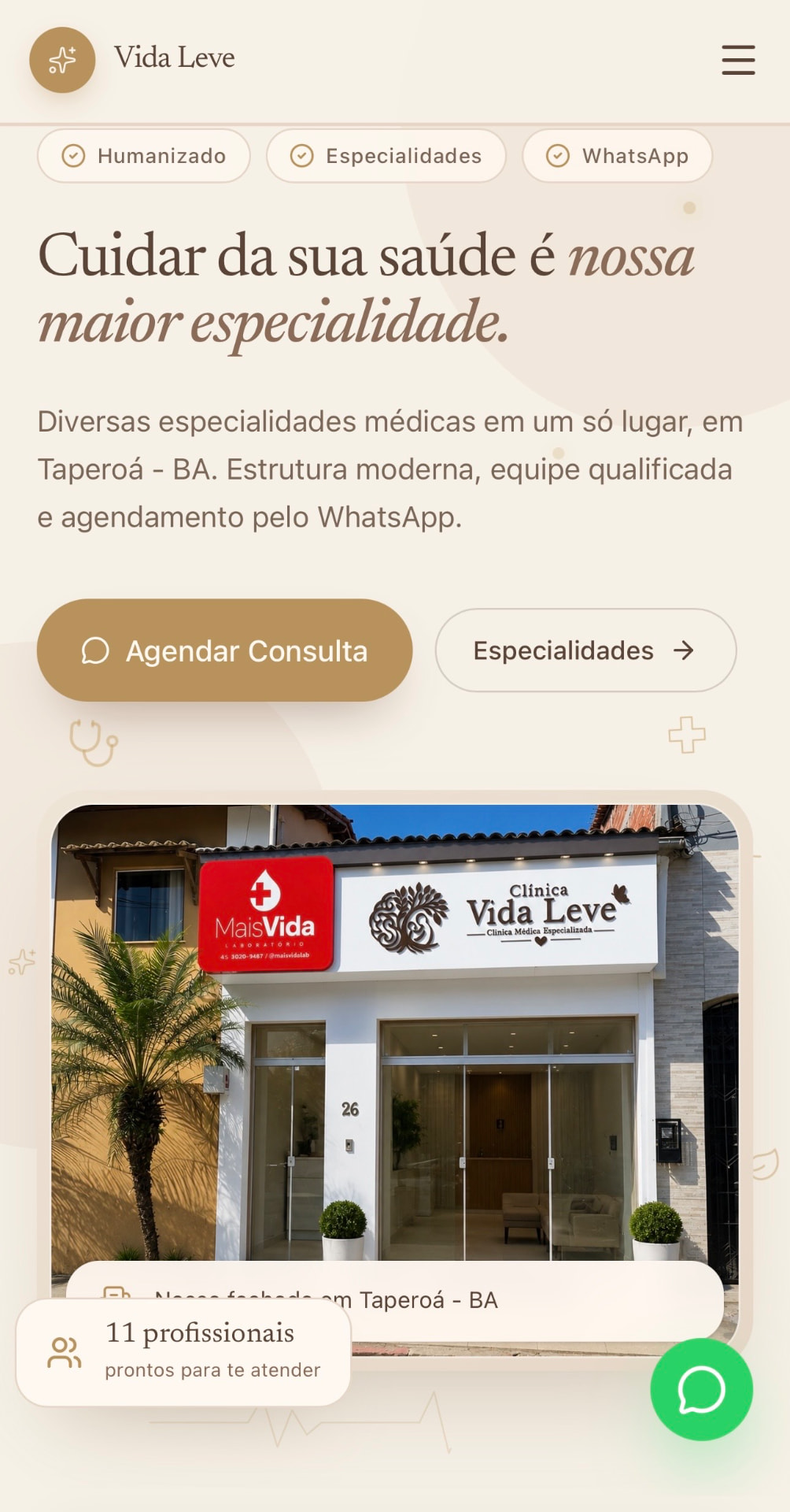 Versão mobile do site Clínica Vida Leve