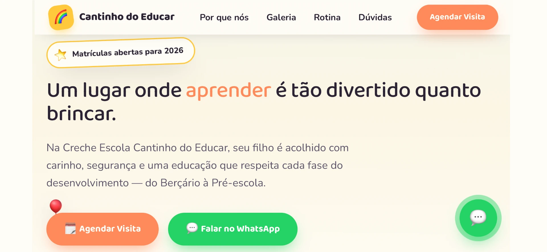 Versão desktop do site Cantinho do Educar