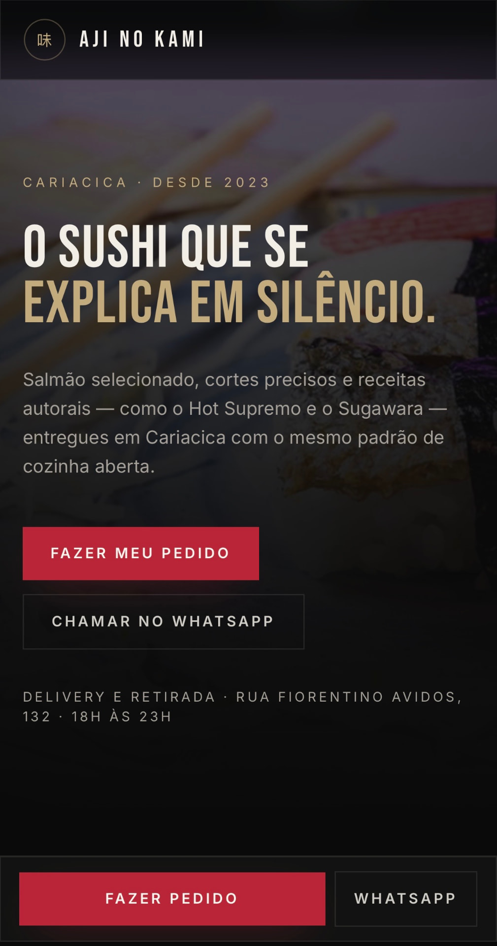 Versão mobile do site Aji no Kami