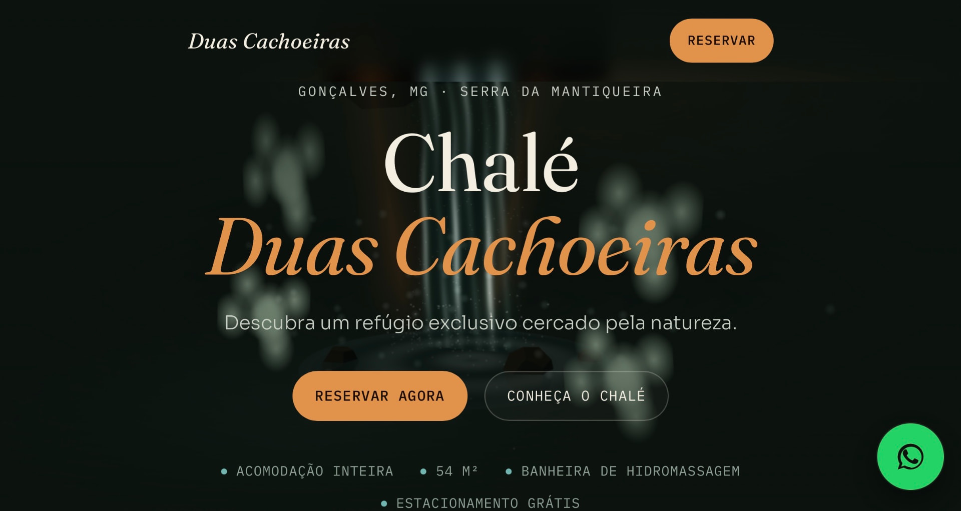 Versão desktop do site Chalé Duas Cachoeiras