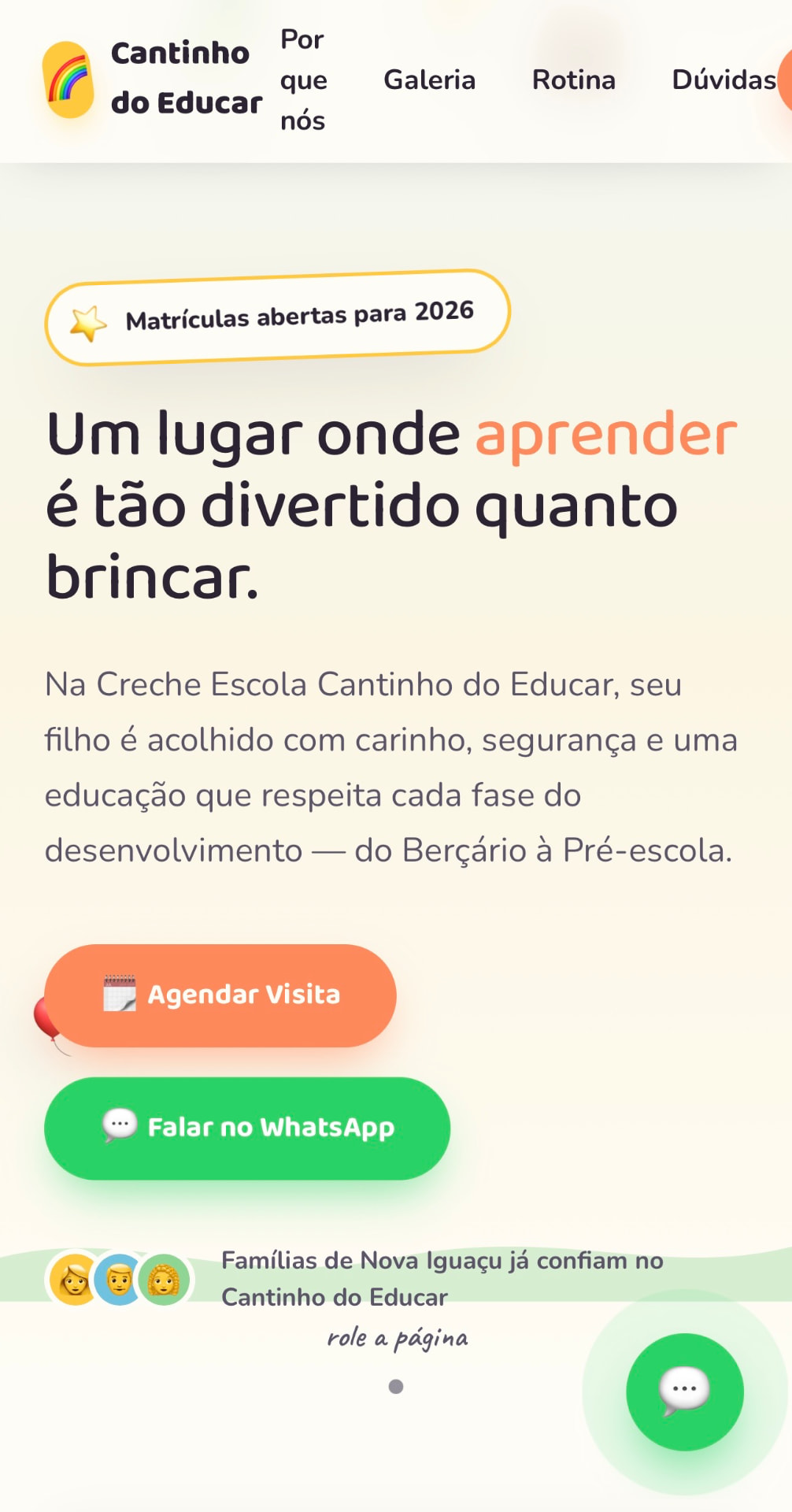 Versão mobile do site Cantinho do Educar